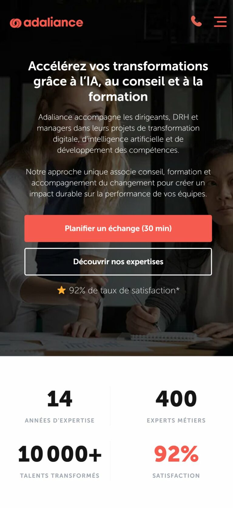 Page d’accueil d’Adaliance sur mobile