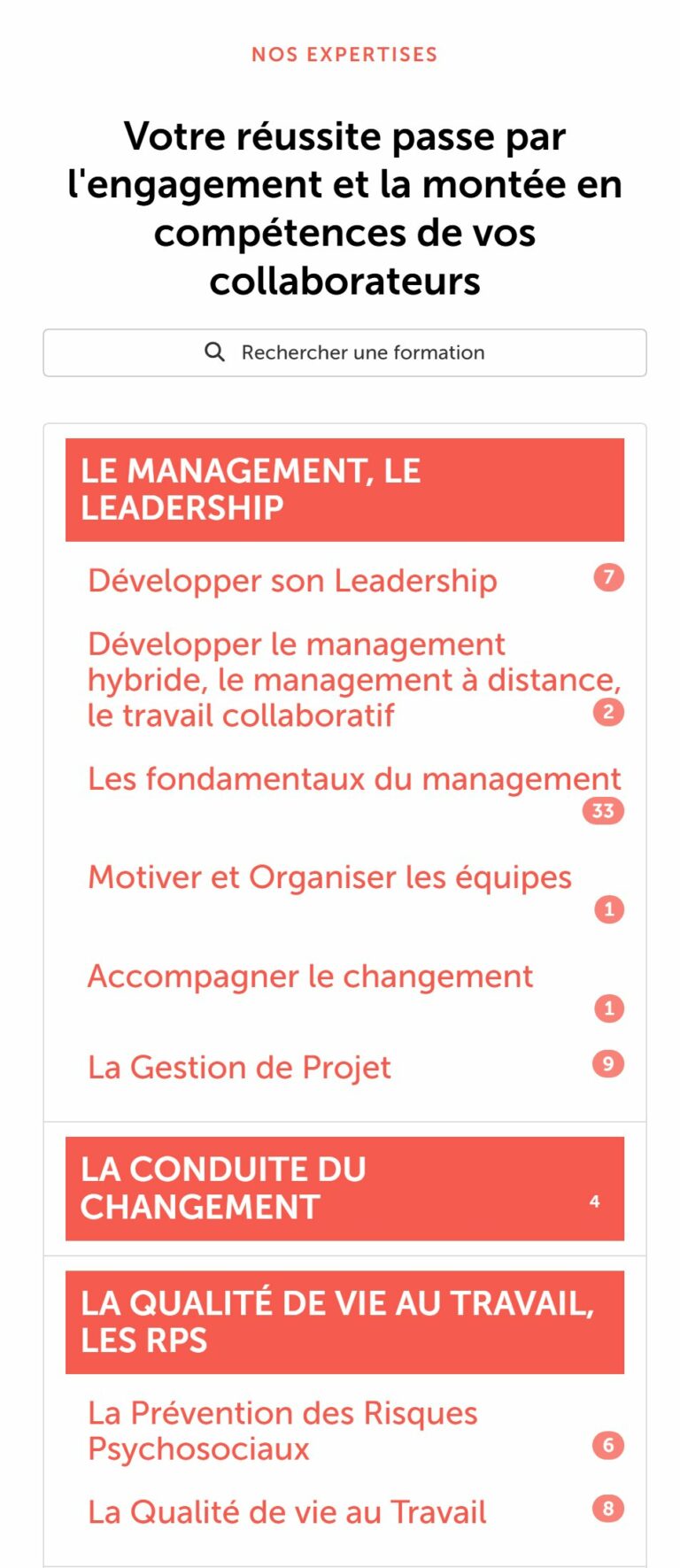 Catalogue de formations alimenté par Dendreo, avec recherche et catégories, sur mobile