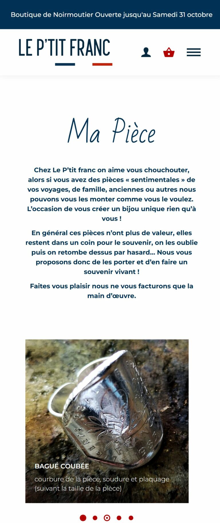 Page Ma pièce : bijou créé à partir d’une pièce du client, sur mobile