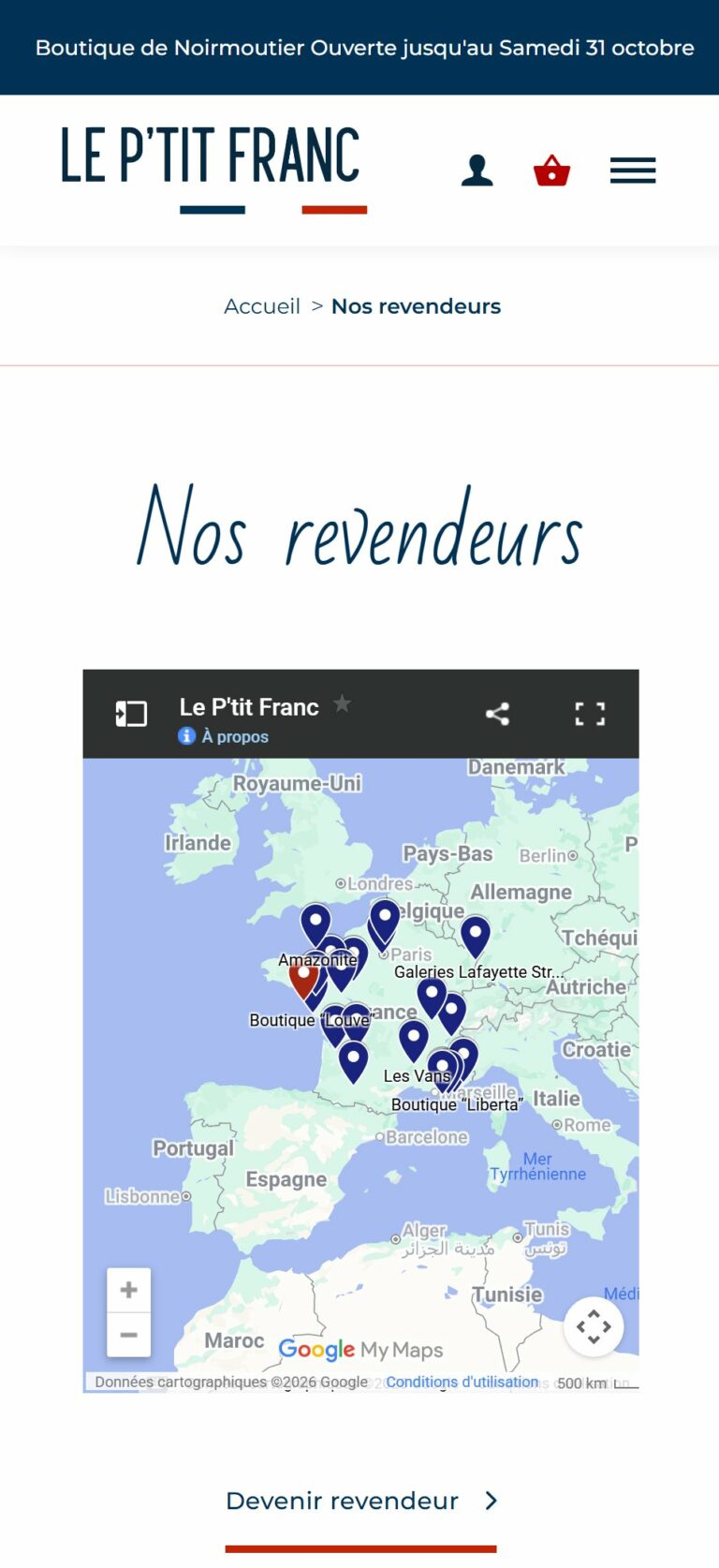 Carte des revendeurs du P’tit Franc sur mobile