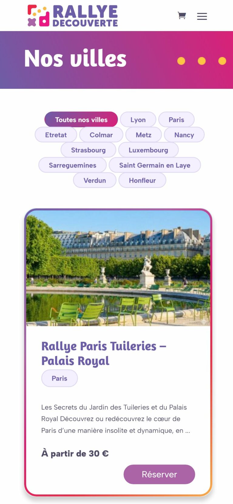 Liste des rallyes filtrable par ville sur mobile